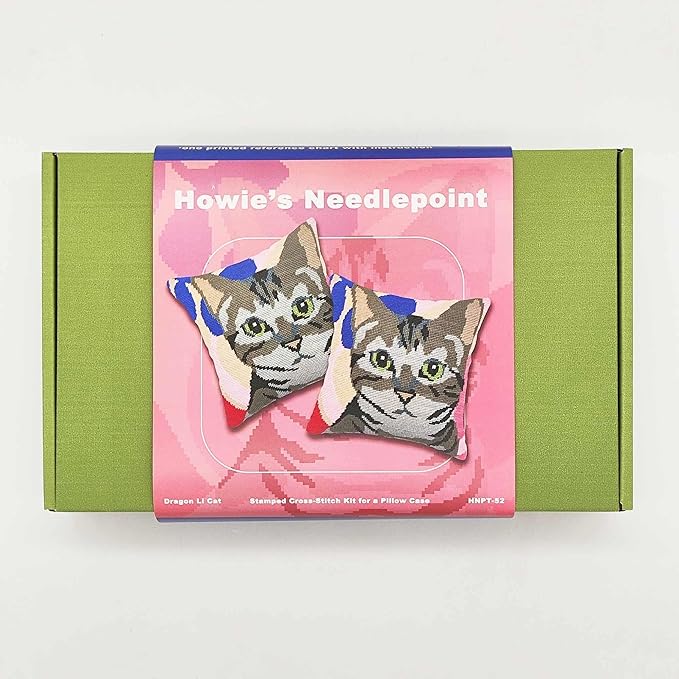 Howie's Needlepoint Needlepoint Kits for Adults, Pillow Front Cross Stitch Kit with Embroidery Pattern on Canvas, Yarn, 2 Needles and Instruction, 16 x 16inch(Dragon Li Cat)