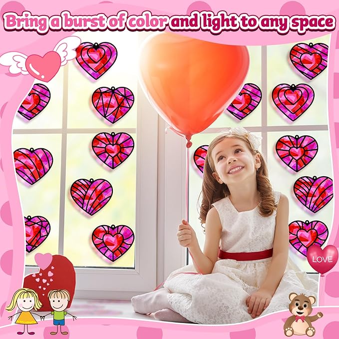 32 Sets Valentines Suncatchers Craft Kit DIY Heart Window Stained Glass Effect Paper Pink Love Home School Classroom Decoration Valentines Art Craft Creative Activity Project Kid Gift Favor