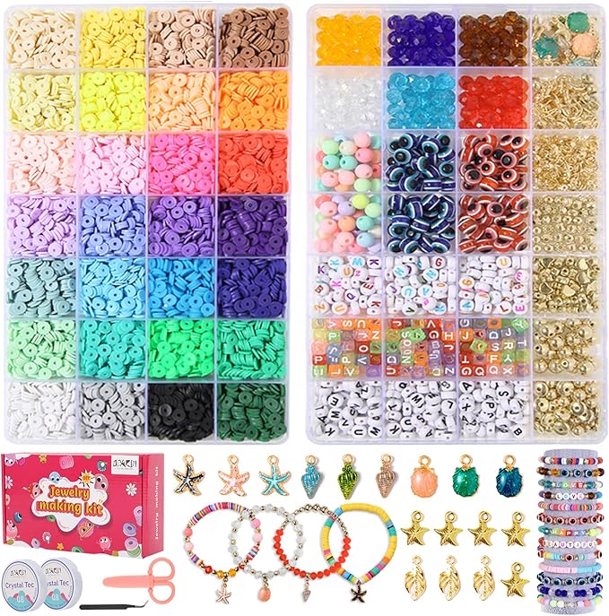 OCARDI 7000+ Pcs Bracelet Making Kit - 28 Colors Clay Beads for Bracelet Making-Friendship Bracelet Kit with Gift Pack - Bracelet Making Kit for Adults-Crafts Arts for Gift