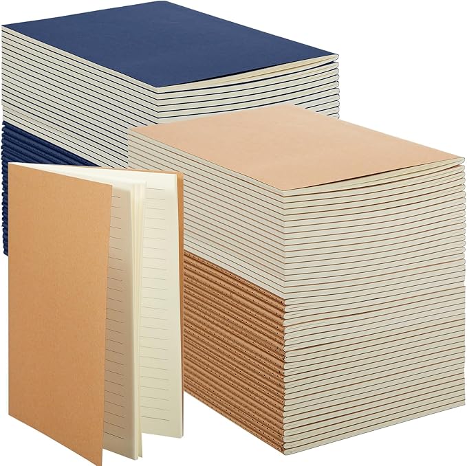 mimorou 100 pcs journals notebooks bulk - kraft softcover a5 small notebooks 5.5 inch x 8.3 inch notepads with 60 page 30 sheet for writing sketch travel office supplies(brown, navy,lined)
