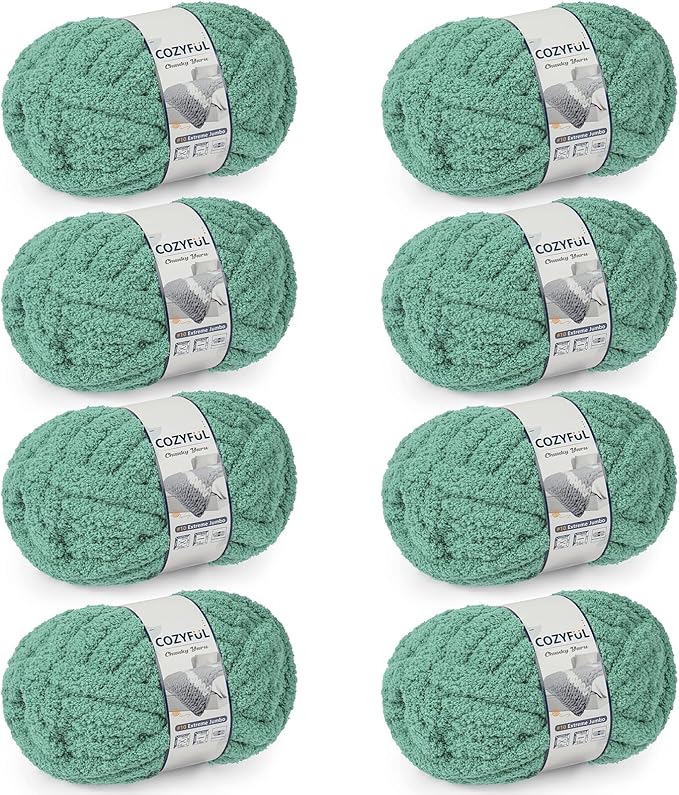 Chunky Yarn for Hand Knitting - #10 Chunky Chenille Yarn, Jumbo Big Thick Chunky Yarns for Crocheting, Super Bulky Chunky Knit Blanket Yarns, 8 Skein (25yds 8oz Each Skein), Misty Jungle Green