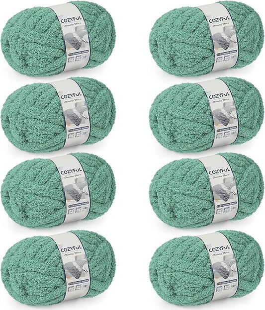 Chunky Yarn for Hand Knitting - #10 Chunky Chenille Yarn, Jumbo Big Thick Chunky Yarns for Crocheting, Super Bulky Chunky Knit Blanket Yarns, 8 Skein (25yds 8oz Each Skein), Misty Jungle Green