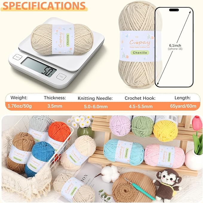 Coopay Chenille Yarn for Crocheting, 8 Pack Medium Weight Yarn - CYC #4 - Total 520yd, Soft Crochet Yarns for Plush Toys, Blankets, Scarves (Khaki)