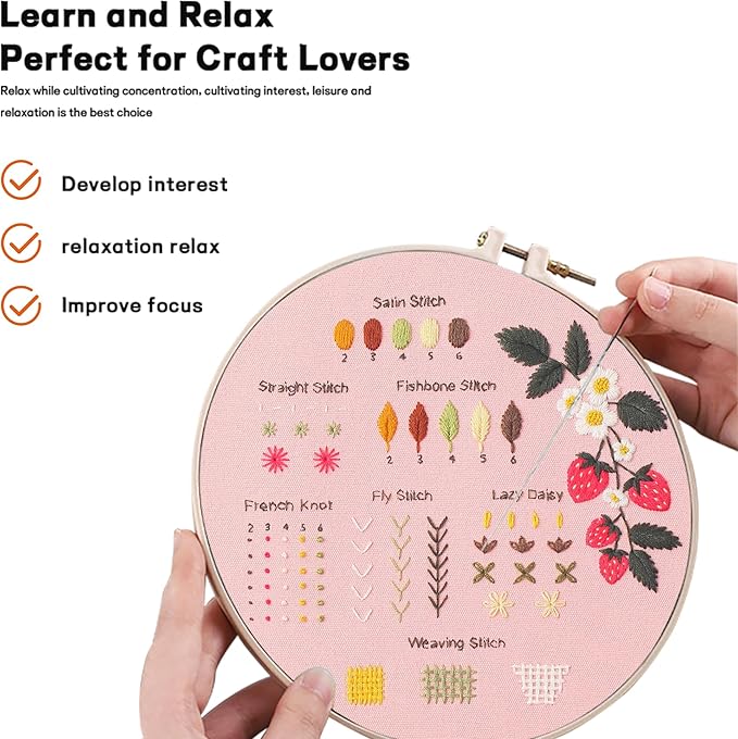 JOINRUN 4 Pack Beginner Embroidery Kit for Adults, Learn Stitches with Pre-Stamped Patterns, Step-by-Step Guide & Video, 7.8" Hoop, Threads & Needles, DIY Needlework Craft Gift for Women