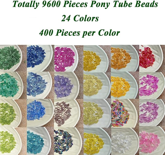 9600pcs Tube Beads Kit for Adults, Glass Bugle Seed Beads for Jewelry Making, Small Craft Bead for DIY Bracelet Necklaces Craft Making with Two Crystal String (7mm/24 Colors)
