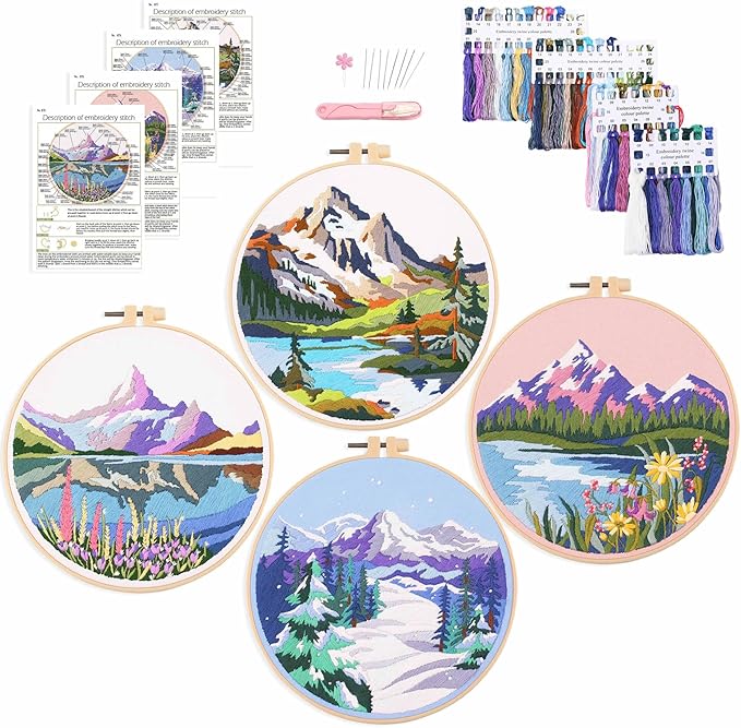 harimau 4p in beginner embroidery kit,floral plant pattern,cross stitch kits, including stamped embroidery cloth with 2 embroidery hoops, color threads and embroidery kits