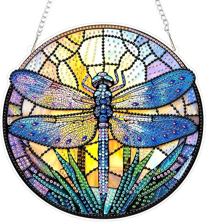 TOSTOG Hanging Diamond Art Kits for Adults, Dragonfly Diamond Paintings for Adults, Crystal Window Pendant Diamond Art Kits, 5D Diamond Paintings Hanging Pendant Kit Gem Painting Wall Decor and Gift