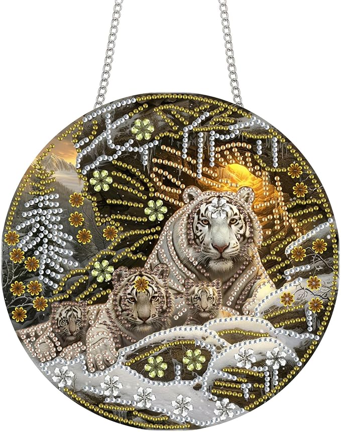 Yomiie Tiger Animals Sun Catcher Window Hanging - DIY Double Sided Winter Diamond Painting Pendant Kit, Acrylic Diamonds Art Ornament for Front Door Sign & Indoor/Outdoor Garden Decor(8x8 inch)
