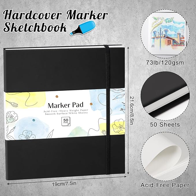 50 Sheets Hardcover Marker Paper Pad, 7.5x8.5in Alcohol Marker Paper Sketch Pad, 73lb/120gsm Heavyweight Spiral Sketch Book, Painting Coloring Drawing Paper for Beginners Artists Ideal Gift