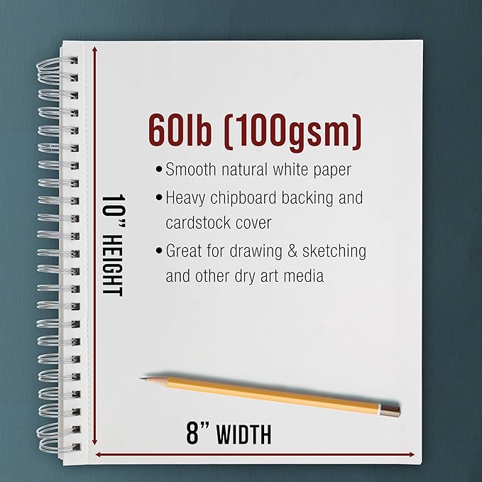 u.s. art supply 8"x10" sketch book pad, 2 pack (100 sheets each), 60lb (100gsm) spiral bound - sketching, drawing pad, acid-free paper - sketch pads for adults, students: colored pencils, charcoal