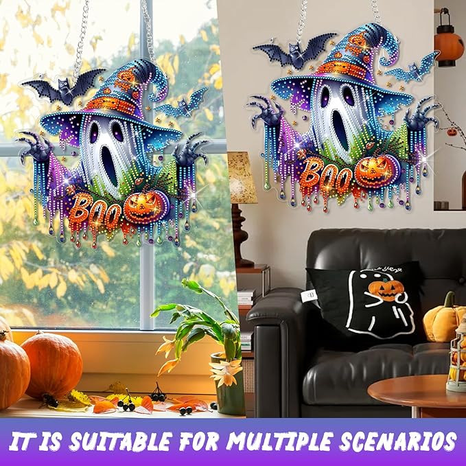 GAYISIC Diamond Art Hanging Kit for Adult, Double Sided 5D Acrylic Diamond Art Painting Window Pendants，DIY Acrylic Diamond Art Painting Window Pendants Home Garden Wall (Halloween Ghost)