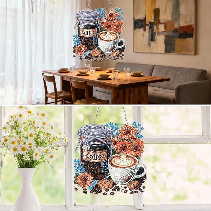MXJSUA Coffee Flowers Diamond Art Hanging Kits for Adults Beginners, DIY Acrylic Special Shaped Crystal Diamond Gem Drills Pendant Art Painting Ornament for Home Wall Decor Gift