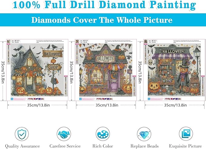 3 Pack Diamond Art Kits for Adults, Halloween Pumpkin Bat Shop Diamond Painting Kits for Adults, 5D DIY Round Full Drill Gem Art Paint With Diamonds Dots Crafts Kits for Home Decor Gift 14x14inch