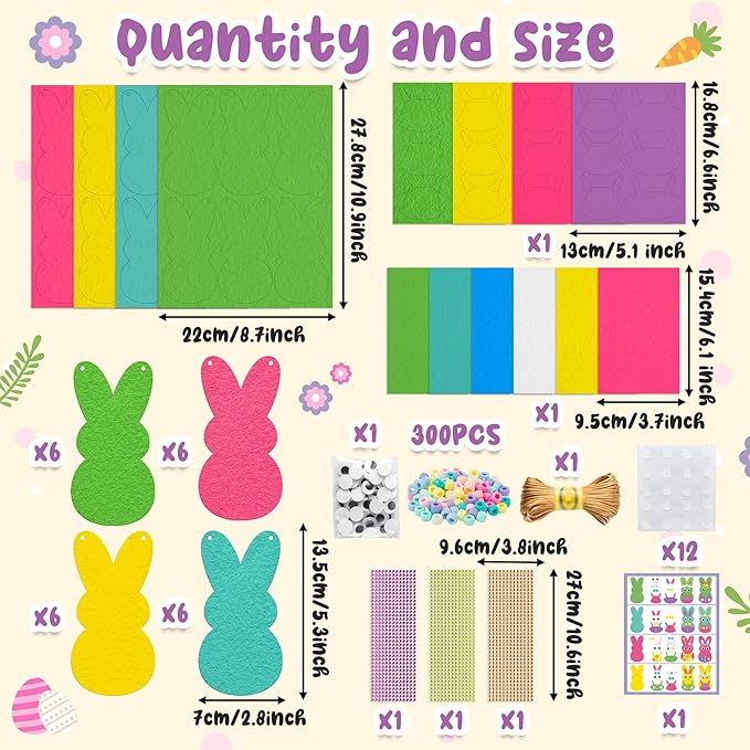 BeYumi Easter Necklace Craft Kit - 24Pcs Easter Bunny Peeps Felt Necklace Making Kits with Beads and Gem Sticker DIY Rabbit Craft for Kids Sunday School Home Classroom Gift Party Favor Fun Activities