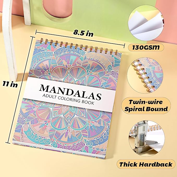 Mandala Coloring Book for Adults 41 Unique Single Sided Patterns and 9 Blank Pages with 12 Colored Pencils Set 130GSM Thick Paper Stress Relief & Mindfulness Gift for Women Men, 8.5 X 11in
