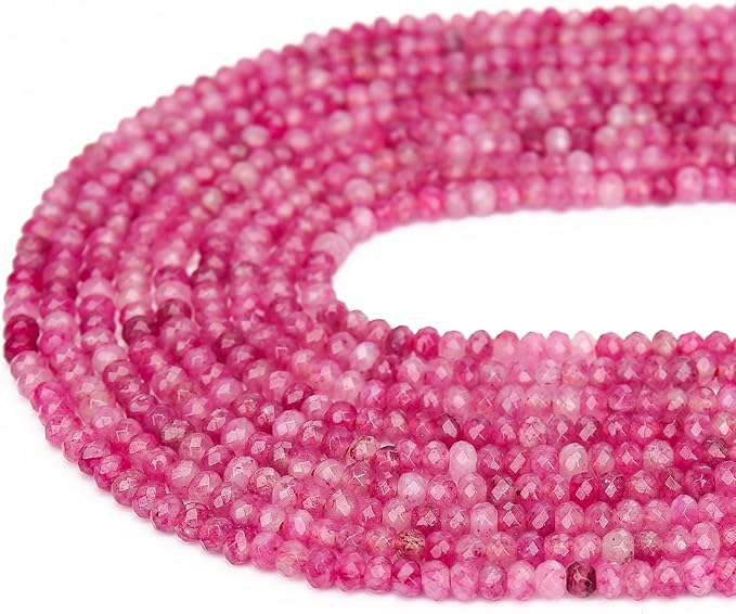 2 Strands Colored Pink Tourmaline Jade Beads for Jewerly Making, 3 * 4mm Faceted Rondelle Gemstone Crystal Beads for DIY Bracelet Necklace Crafts