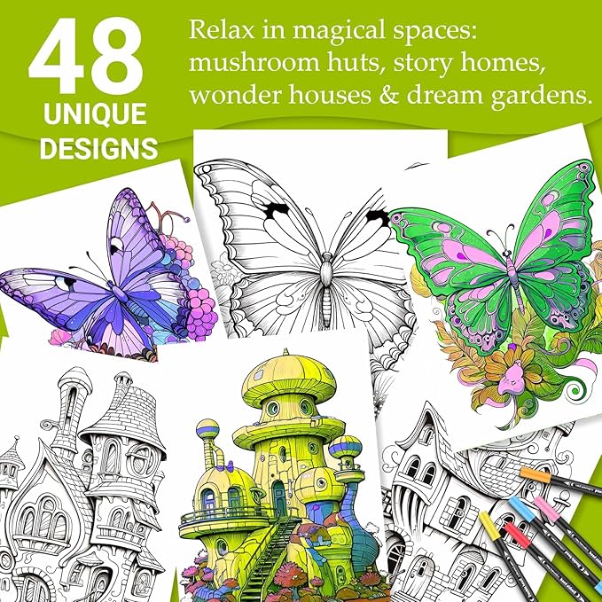 Adult Coloring Book for Women Relaxation, Spiral Bound Mindfulness Coloring Book with 24 Colors Markers for Adult, Anxiety Relief Gifts with 48 Pictures (Butterfly & Pumpkin House)