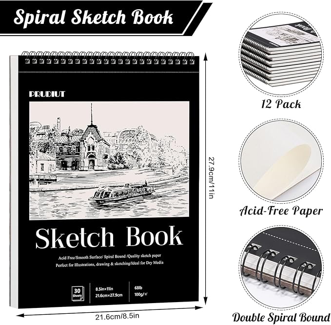 12 pack sketch book, 8.5 x 11inch sketchbook, 68lb/100gsm top spiral bound sketch pad, acid free art supplies drawing painting sketching paper for teens adults artists (30 sheets each)