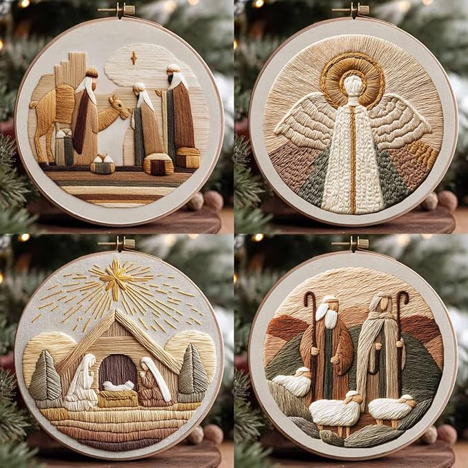 Nativity Embroidery Kit for Adults, Pre-Stamped Pattern Embroidery Kit for Beginners, DIY Hand Needlepoint Starter Kit with Hoop Thread Needle Instruction, 7.87'' Hoop (Christian 4 Packs)