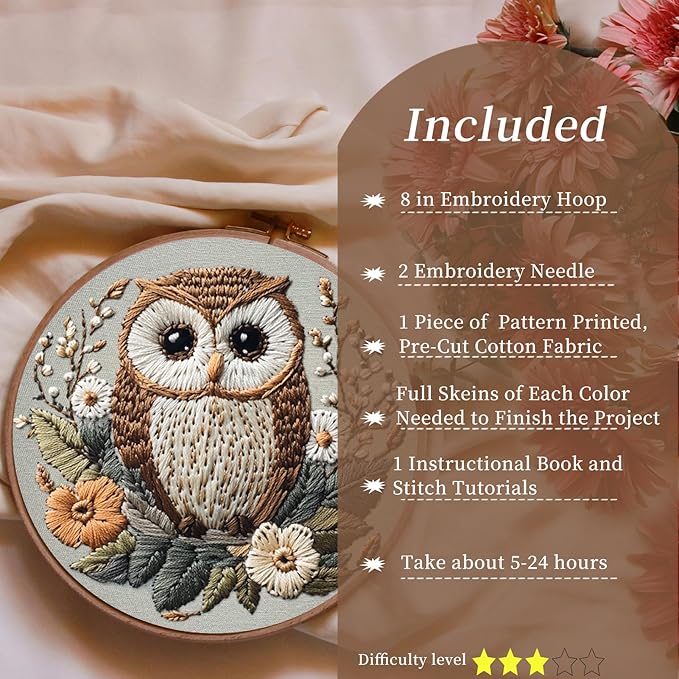 FONNUY Embroidery Kit for Beginners, Owl Flowers Pre-Stamped Pattern Kits for Adults with Hoop, Easy to Follow Color Thread Needlework, 8'' Hoop (Brown)