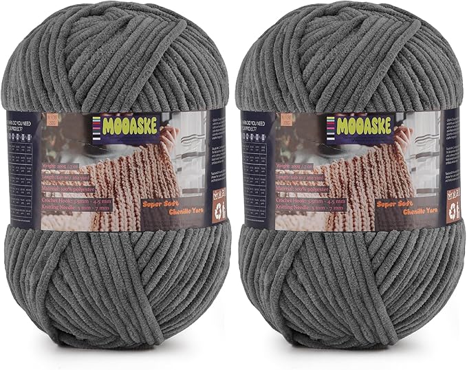 Chunky Velvet Yarn for Crocheting, 2-Pack 14.1oz 524.8 Yards Total, Super Soft Chenille Plush Yarn for Baby Blankets, Amigurumi, Scarves | 20 Colors (2, Dark Gray)