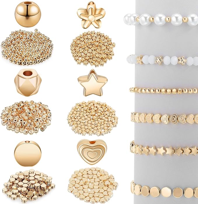 Hicarer 1200 Pieces Gold Spacer Beads Set Bead Bracelet Making Kit for Jewelry Making Assorted Star Round Flower Pony Beads for Friendship Bracelets DIY Crafts Gifts