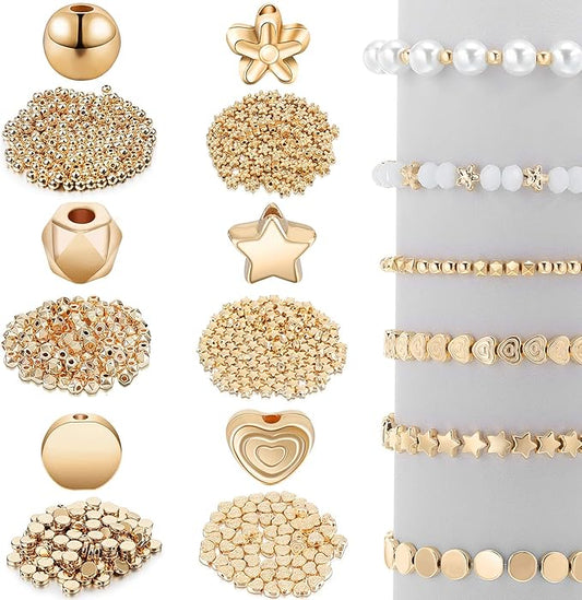 Hicarer 1200 Pieces Gold Spacer Beads Set Bead Bracelet Making Kit for Jewelry Making Assorted Star Round Flower Pony Beads for Friendship Bracelets DIY Crafts Gifts