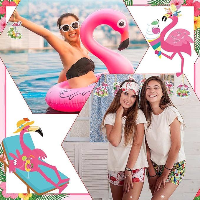 Huquary 30 Pcs Summer Diamond Painting Keychains Animals Flamingo Diamond Art Kit 5d Double Sided Diamonds Hanging Keychains for Adult Beginner DIY Crafts Party Gift