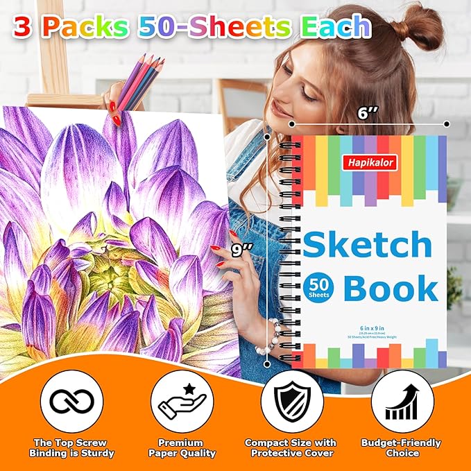 drawing pad for kids, sketch pads 50 sheets, 3-pack kids travel activities spiral bound drawing books bulk 6" x 9 ", drawing paper for kid 9-12
