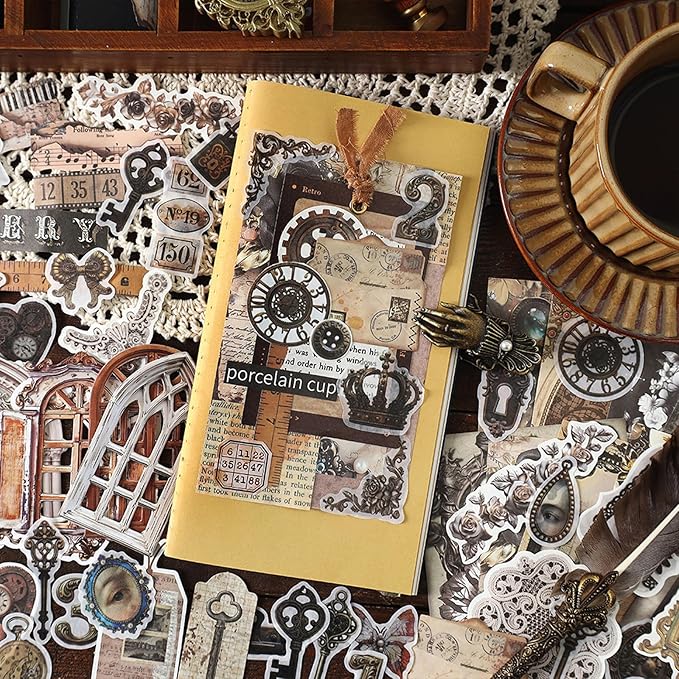 200PCS Vintage Scrapbook Paper Journaling Scrapbooking Supplies Kit Retro Decorative Craft Paper Assorted for Bullet Junk Journals Card Making Craft DIY, Time Code