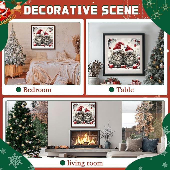 EMIEAUFG Christmas Diamond Art Kits for Adults, Christmas Cat Diamond Paiting Kit for Beginners, 5D DIY Round Full Drill Craft Diamond Dot Gem Art, Home Wall Decor 12" x 12"