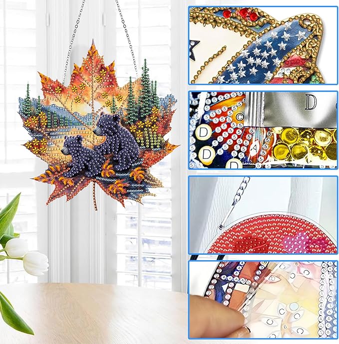 Reofrey Hanging Diamond Art Kits for Adults - 8x8 Inch Bear Acrylic Board Double Sided Pattern Diamond Art Suncatcher Pendant, DIY Crystal Art for Home Wall or Window Decoration Handmade Gift