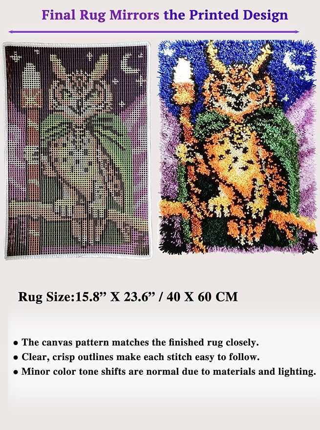 KitsMaster Owl Wizard Latch Hook Kit - Woodland Animal Rug DIY with Pre-Printed Canvas, Moon & Stars Design, Easy Craft Kit, 23.6''x15.8'' (Whimsical Forest Watcher)