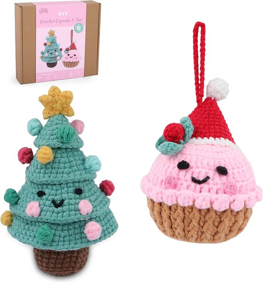 HOUSE CREATIVITY Crochet Kit for Beginners – Make a Christmas Tree & Cupcake, Amigurumi Crochet Starter Kit with Video Tutorial, Yarn & Hook, DIY Holiday Ornament & Cute Desk Decor Gift