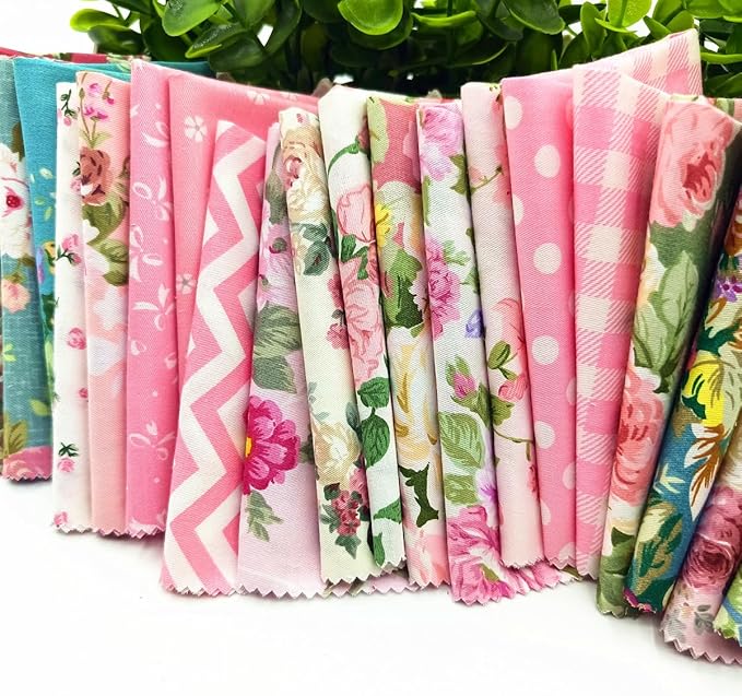 22Pcs 10" Pink Floral Fabric Squares No Repeat Charm Pack, Precut Quilting Cotton with Wavy Edges,10 Inch Squares for Quilting