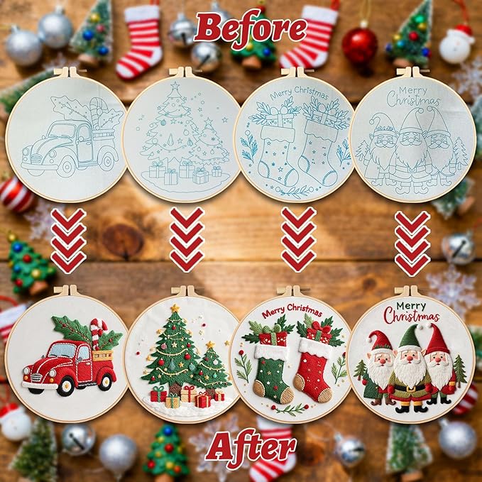 LGLRTD Christmas Embroidery Kits, 4 Sets Embroidery Kits for Beginners, Cross Stitch Kits for Adults with Pattern, Needles, Threads, Tools, DIY Needlepoint Craft Kit, 6 inch (Christmas)