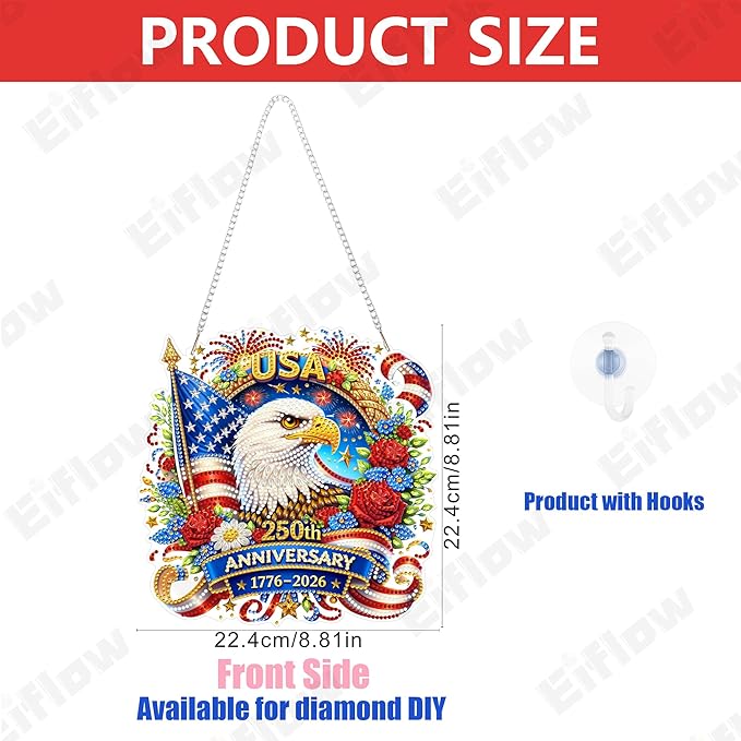 Eiflow Acrylic Diamond Art Hanging Kit for Adults USA Anniversary, DIY Diamonds Painting Door Hanger Board Kit 4th of July, Crystal Patriotic Diamond Art Painting Pendant Ornament (250th Eagle)