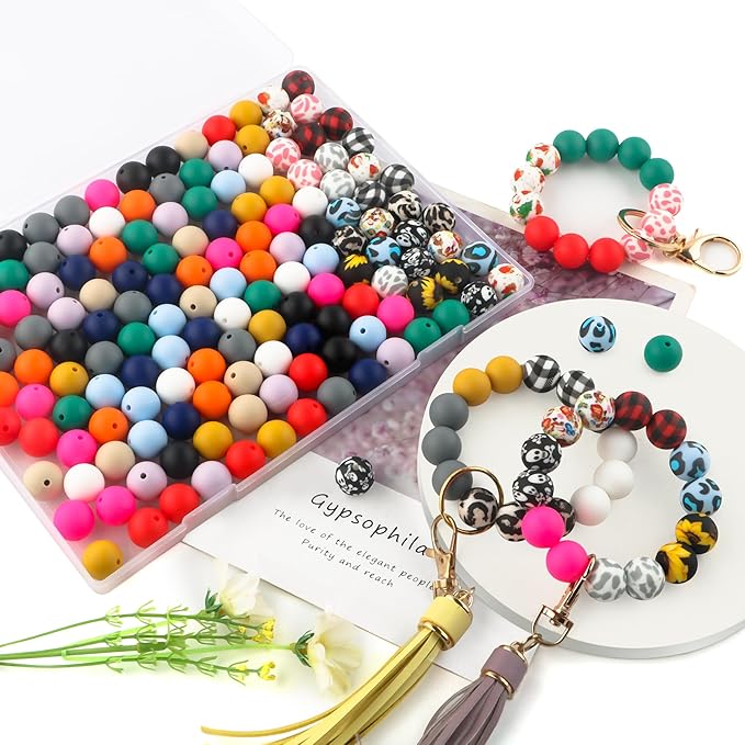 Sunrony 150pcs Silicone Beads for Keychain Making Bracelet Decoration and 15mm Silicone Beads for Pens (Pop Colors)