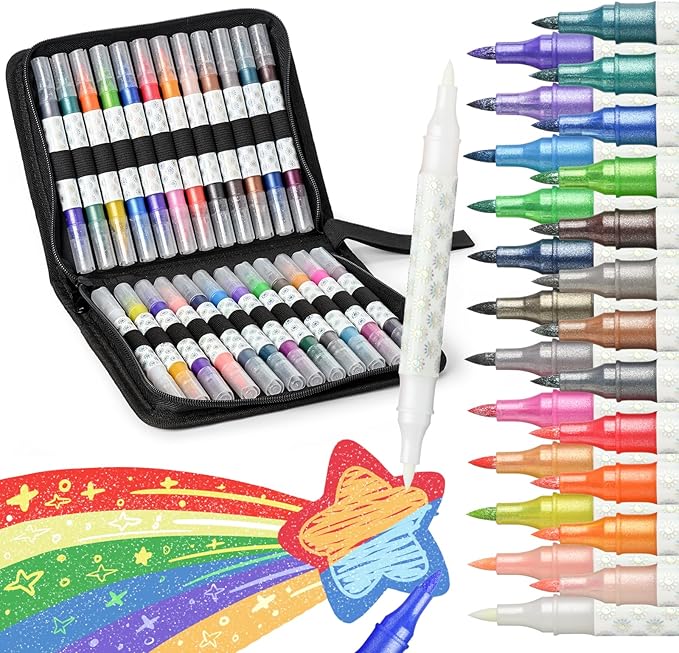 Glitter Changing Markers,24 Pack 47 Colors Sparkle Magic Markers Dual Tip Markers for Adult Art Supplies, Drawing Bullet Journal,Coloring books