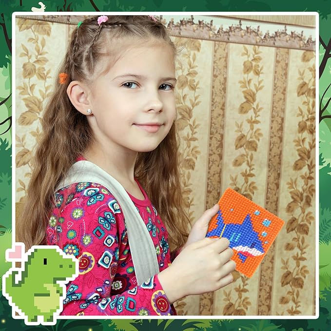 Pllieay 10-in-1 Cross Stitch Beginner Kit for Kids, Embroidery Kit Includes 10pcs Plastic Mesh Canvas with Pattern, 15 Yarns, 5 Weaving Needles, Needle Points Starter Sewing Set with Instructions