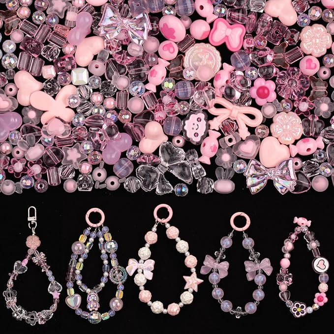 LAIDANLA Acrylic Pink Beads for Bracelets, Aesthetic Cute Pink Beads for Jewelry Making DIY Necklace Keychain Phone Charm Assorted Random Mixed Kawaii Bead Charms 160g