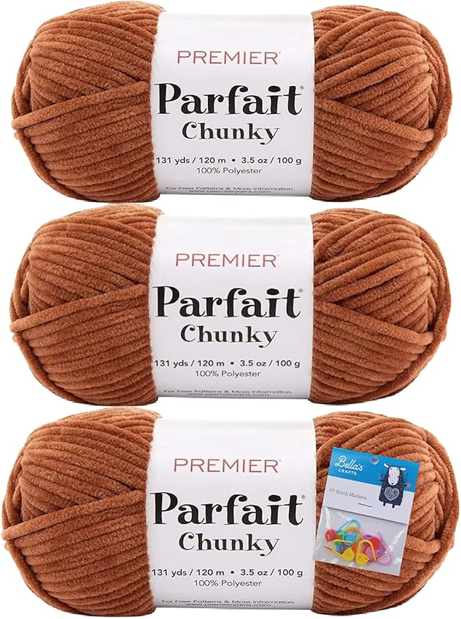 Premier Yarns Parfait Chunky Chenille 3.5 Oz Super Bulky Weight 3 Pack Bundle with Bella's Stitch Place Holders (Teddy Bear)