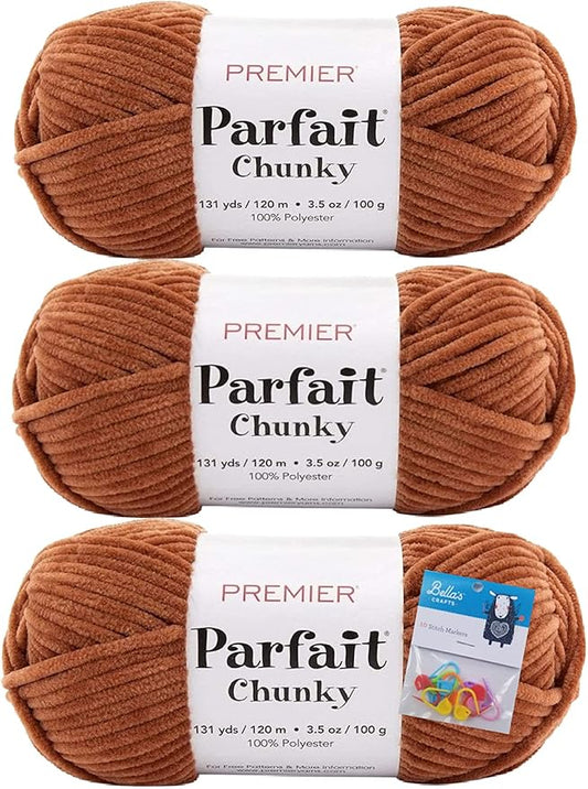 Premier Yarns Parfait Chunky Chenille 3.5 Oz Super Bulky Weight 3 Pack Bundle with Bella's Stitch Place Holders (Teddy Bear)