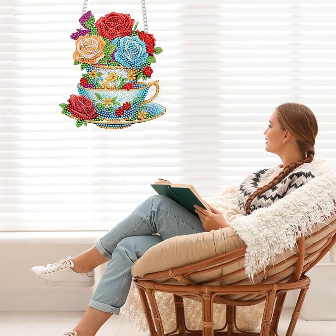 Bimkole Coffee Cup Diamond Art Hanging Kit for Adult, DIY 5D Diamond Art Flower Window Pendant, Acrylic Crystal Art Hanging Ornament Home Wall Garden Front Door Sign Outdoor Decor 7.8x7.8 Inch