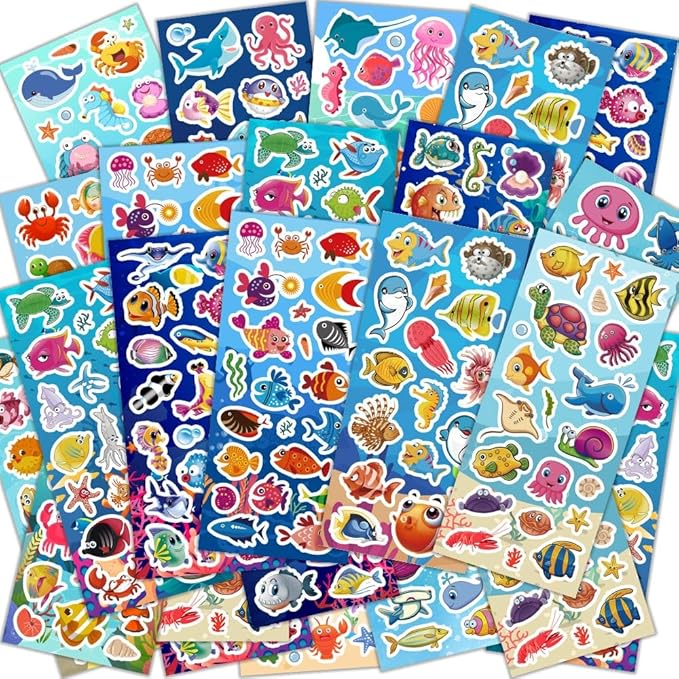 36 sheets ocean stickers for kids, 700+ under the sea fish animal stickers for scrapbooking, water bottles, kids party favors,crafts decorations