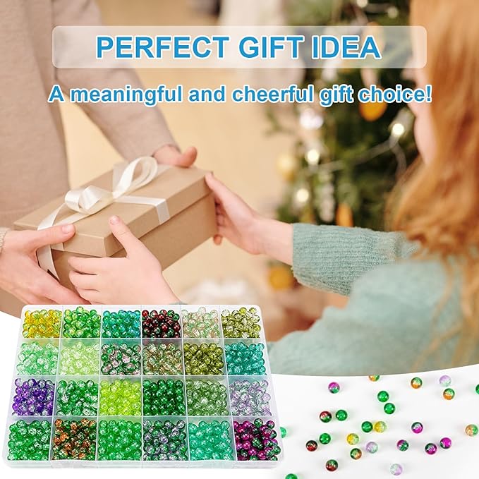 XSEINO About 1200pcs 6mm Crack Glass Beads Bracelet Making Kit,24 Style Crack Mystic Green Series Colorful Crystal Beads for Jewelry Bracelet Making,DIY Crafts,Friendship Bracelets