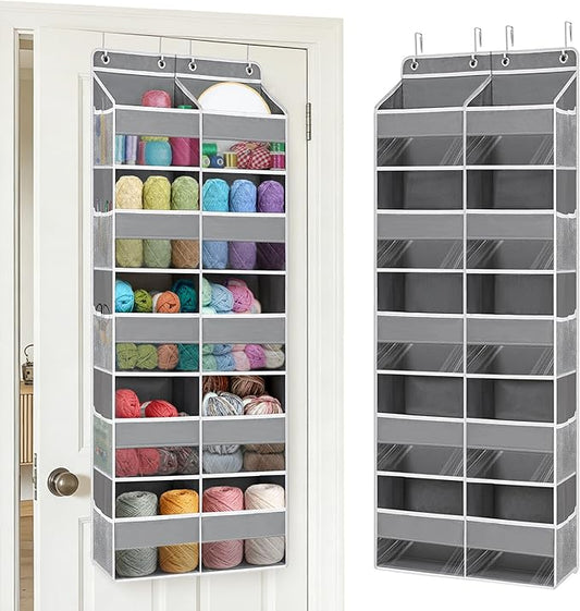 Hanging Yarn Storage Organizer, 10 Extra Large Clear Pockets Organizer with 10 Side Crochet Bag Organizer, Over The Door Yarn Storage for Crochet Hook, Knitting Needles,Gray