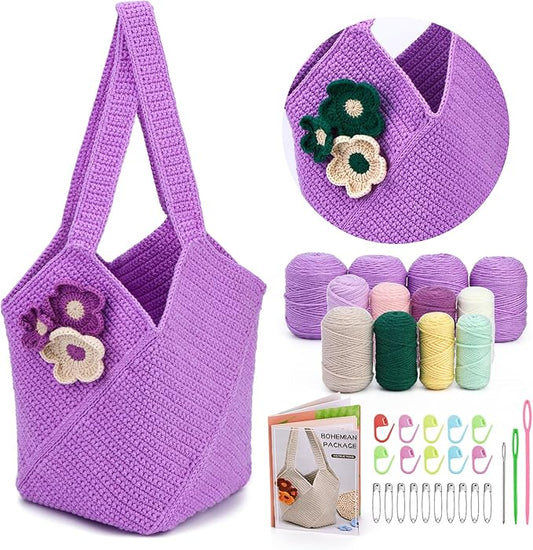Pnytty Crochet Kit for Beginners, Knitting Kit Complete Starter Set with Yarn, Hook & Step-by-Step Video Tutorials DIY Shoulder Bag Crafting Gift for Adults