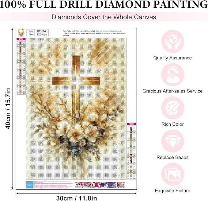 Yezavesu Religious Cross Diamond Art Kits for Adults, Jesus Christ Cross 5D Diamond Painting Kit for Beginners, DIY Round Full Drill Painting with Gem Art Craft Kits for Home Wall Decor 12x 16 Inch