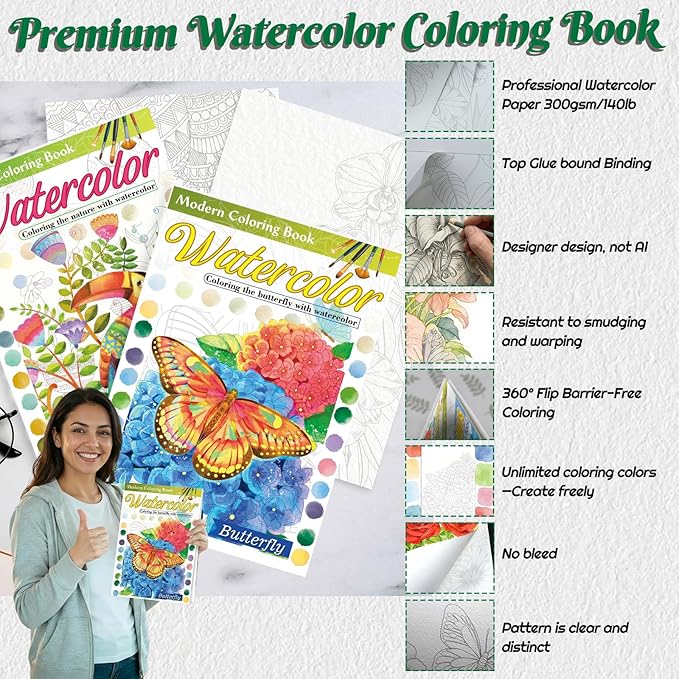 2Pcs Adults Water Coloring Book: 24 Advanced Exquisite Patterns – 100% Cotton 300gsm Paper, A4 Size – for Beginners & Professionals to Enhance & Consolidate Watercolor Techniques (Nature & Butterfly)